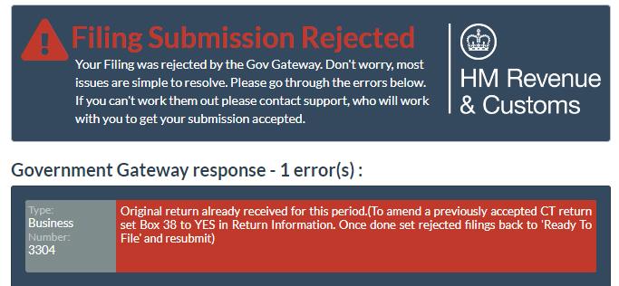 HMRC rejection message when CT600 return needs to be un-logged
