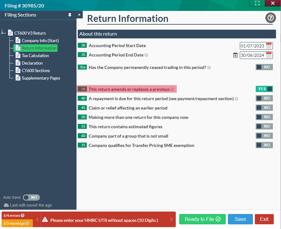 Corporation Tax return information box 38 amend