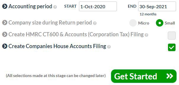 Quickstart options Add companies house filing to corporation tax CT600