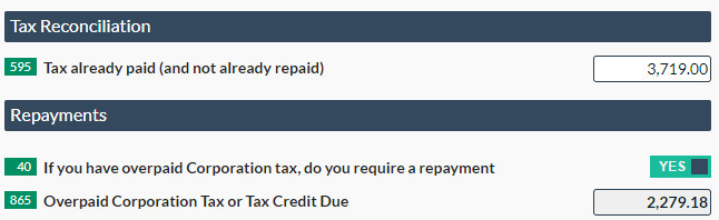 CT600 Box 865, overpaid Corporation Tax or Tax credit due